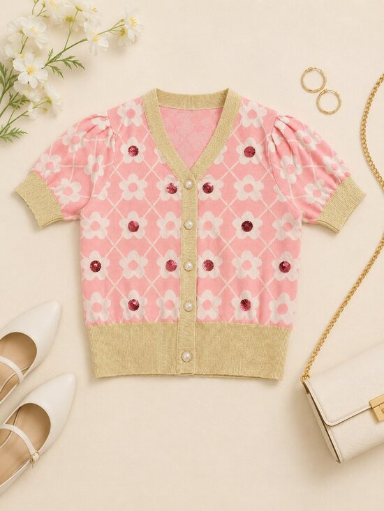 Sweaters - Floral Knit Cardigan